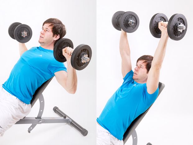 Bankdrücken, auf Schrägbank mit Kurzhanteln